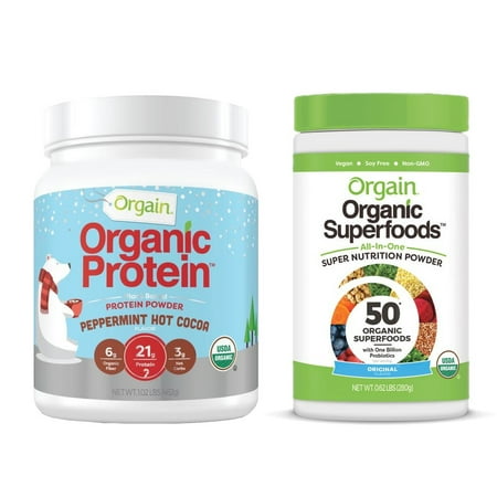 Orgain - Organic Vegan, Non-GMO Plant Based Protein Powder - Peppermint Hot Chocolate (1.02 LB) + Superfoods Powder - Original (0.62 LB)
