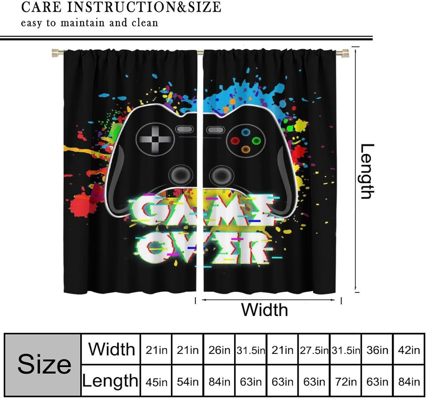 Gamer Blackout Curtains, Fun Colorful Graffiti Art Gamepad Neon Controller Print Rod Pocket Window Treatments Drapes for Boys Girls Teens Bedroom Living Room Playroom Decor 72x63in