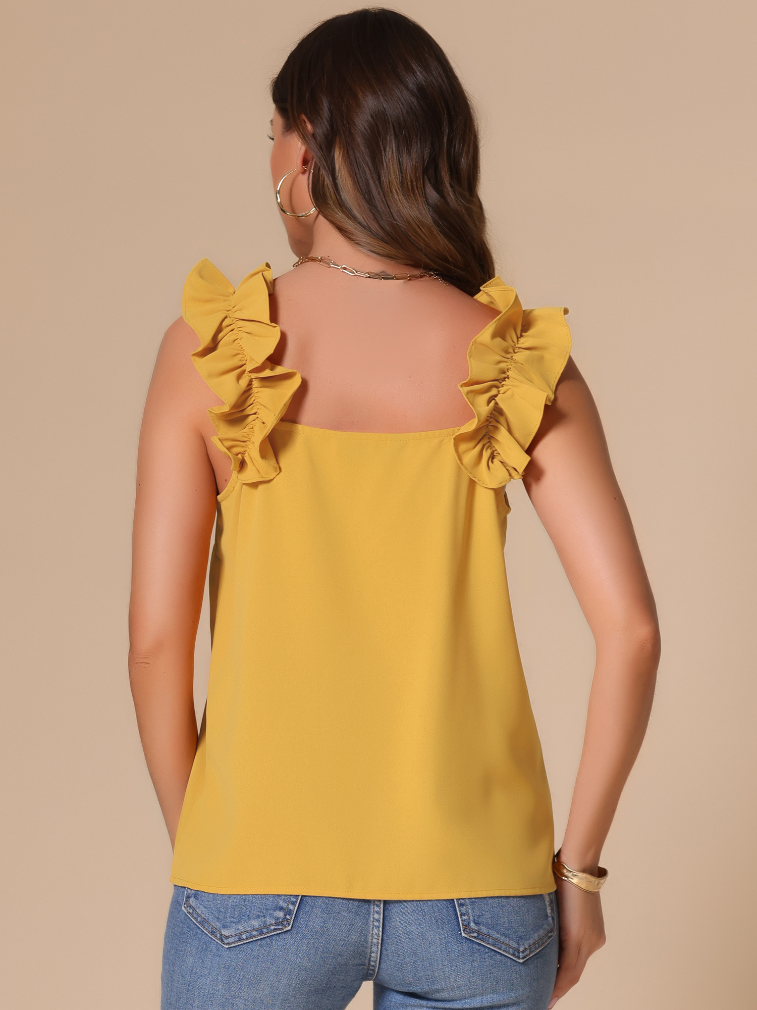 DARING DIVA Women's Ruffle Trim Square Neck Solid Casual Blouses L Yellow