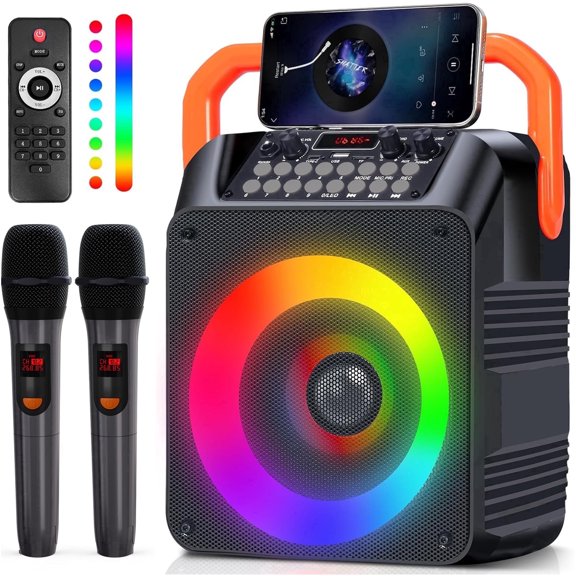 Kivdit Karaoke Machine, Portable Bluetooth Speaker with 2 Wireless Microphones for Adults & Kids with Lights, Karaoke Microphone with PA System Supports USB/TF/REC/FM/AUX for Home Party