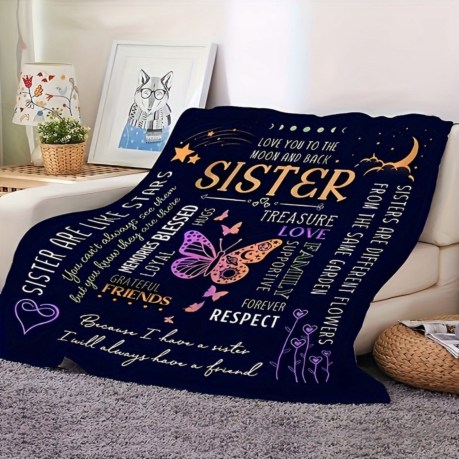 To My Sister" Flannel Blankets Soft Warm Throw Blanket For Office Camping Travel Versatile All-Season Gifts With Inspirational Messages And Butterfly Design Christmas Presents New Year's