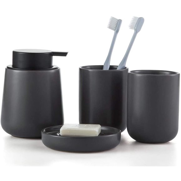 4 Piece Bathroom Accessory Set, Ceramic Bath Complete Set Includes Soap Dispenser Pump, Toothbrush Holder, Tumbler, Soap Dish with Gift Box Ideas for Home Decor Gift (Matte Black)
