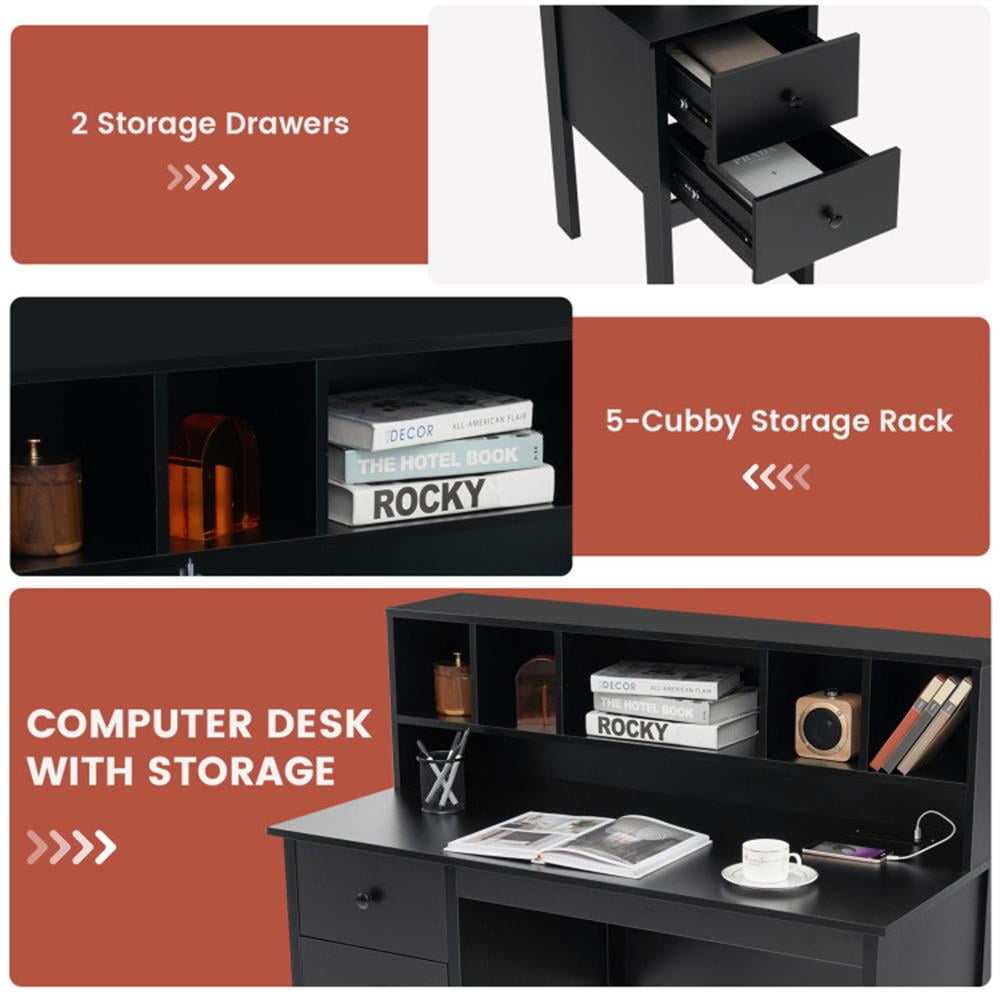 Demi Bonn 48" Computer Desk with Drawers Power Outlets, Small Home Office Desk Study Writing Table, Black