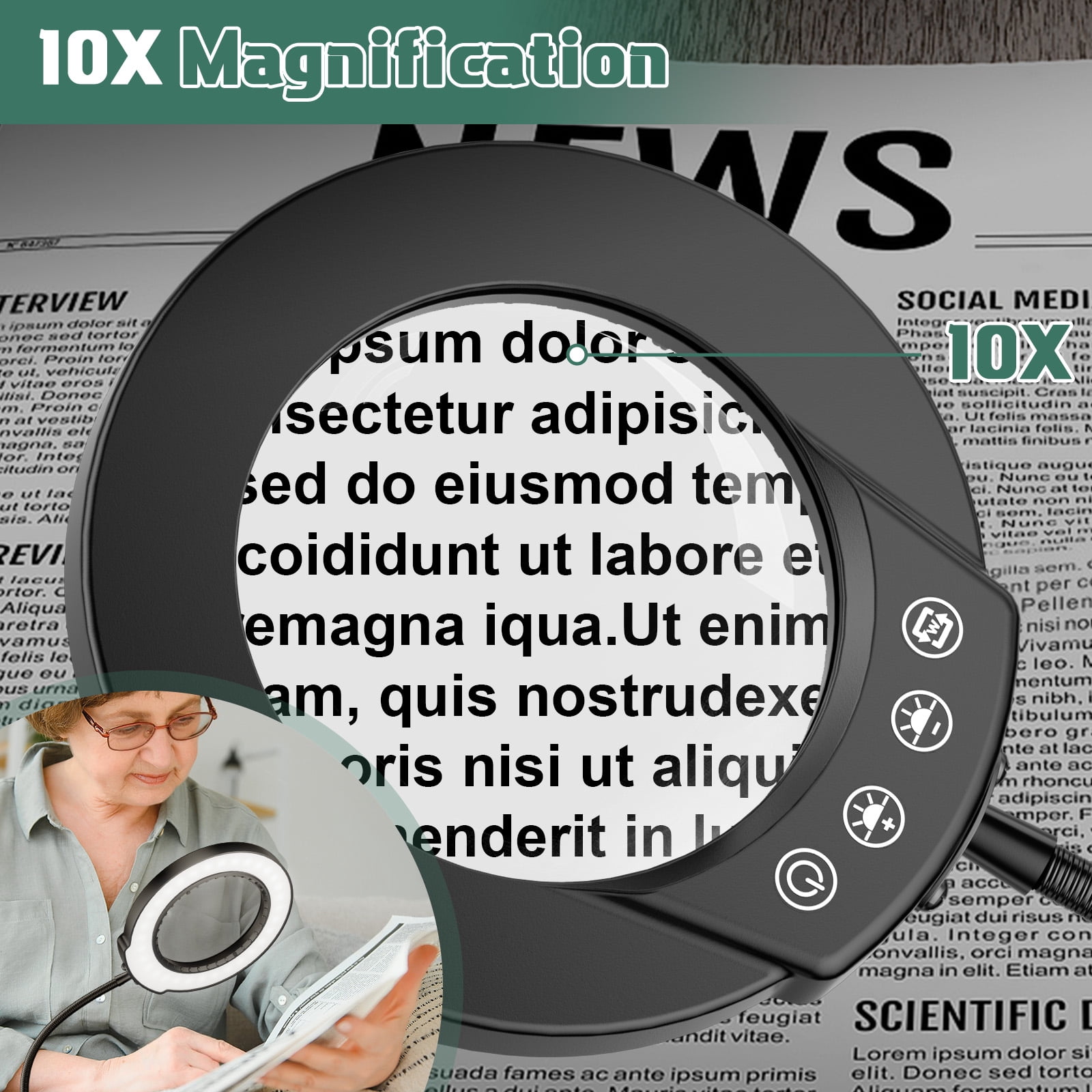 10X Magnifying Glass Lamp with Light and Stand, 5Color Modes & 5 Brightness Levels, Adjustable Swivel Arm for Close Work, Reading, Crafts, Repairing