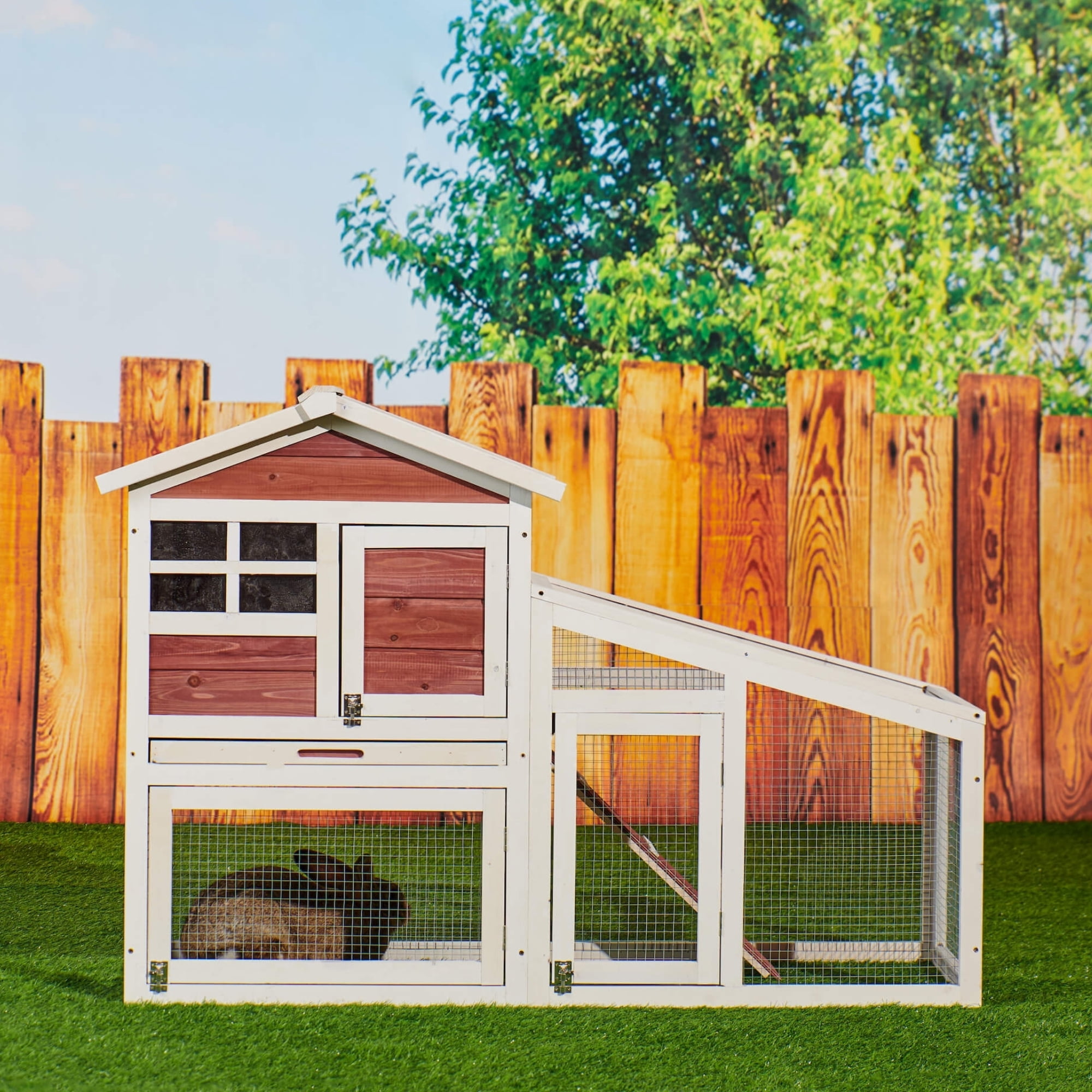 Kepooman 2-Tier Wooden Bunny Cage with Ventilation Door & Removable Tray, Rabbit Hutch Hen House, Auburn Kepooman 2-Tier Wooden Bunny Cage with Ventilation Door & Removable Tray, Rabbit Hutch Hen House, Auburn