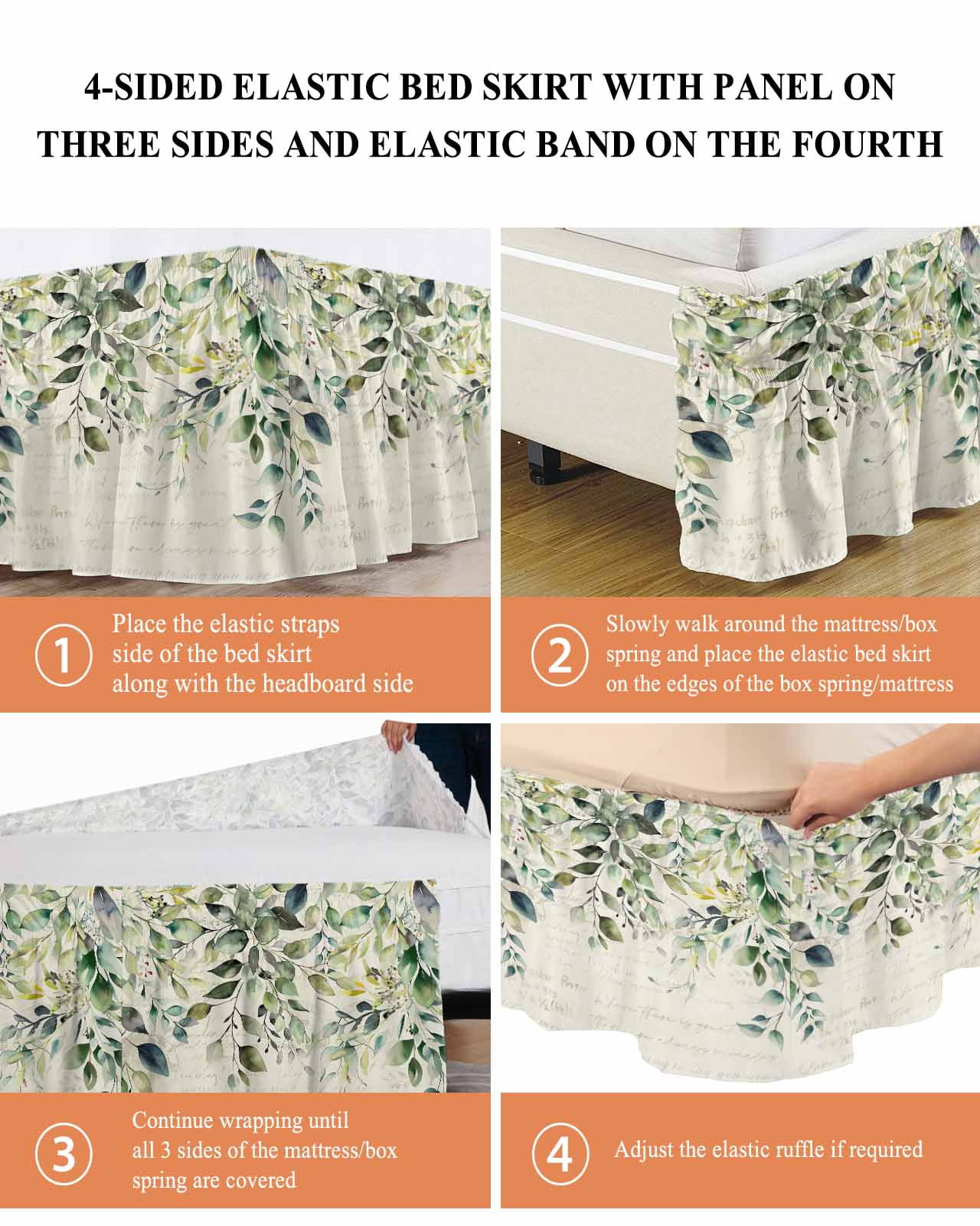 Pastoral Floral Plant Bed Skirt Queen Size 16" Drop Sage Green Eucalyptus Leaves Beige Ruffled Wrap Around Bed Skirts Adjustable Elastic Bedskirt Dust Ruffle for Queen Size Bed