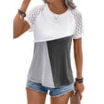 thumbnail image 4 of QAFOPEH Women Color Block Round Neck Crochet Lace Short Sleeve Tops, 4 of 5
