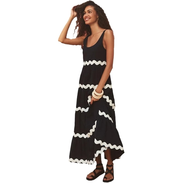 Robe Longue en Lin pour Femme Été Décontractée Ample Sans Manches Robe d'Été Bordure Contrastante Bretelles Spaghetti Robe de Plage Vacances
