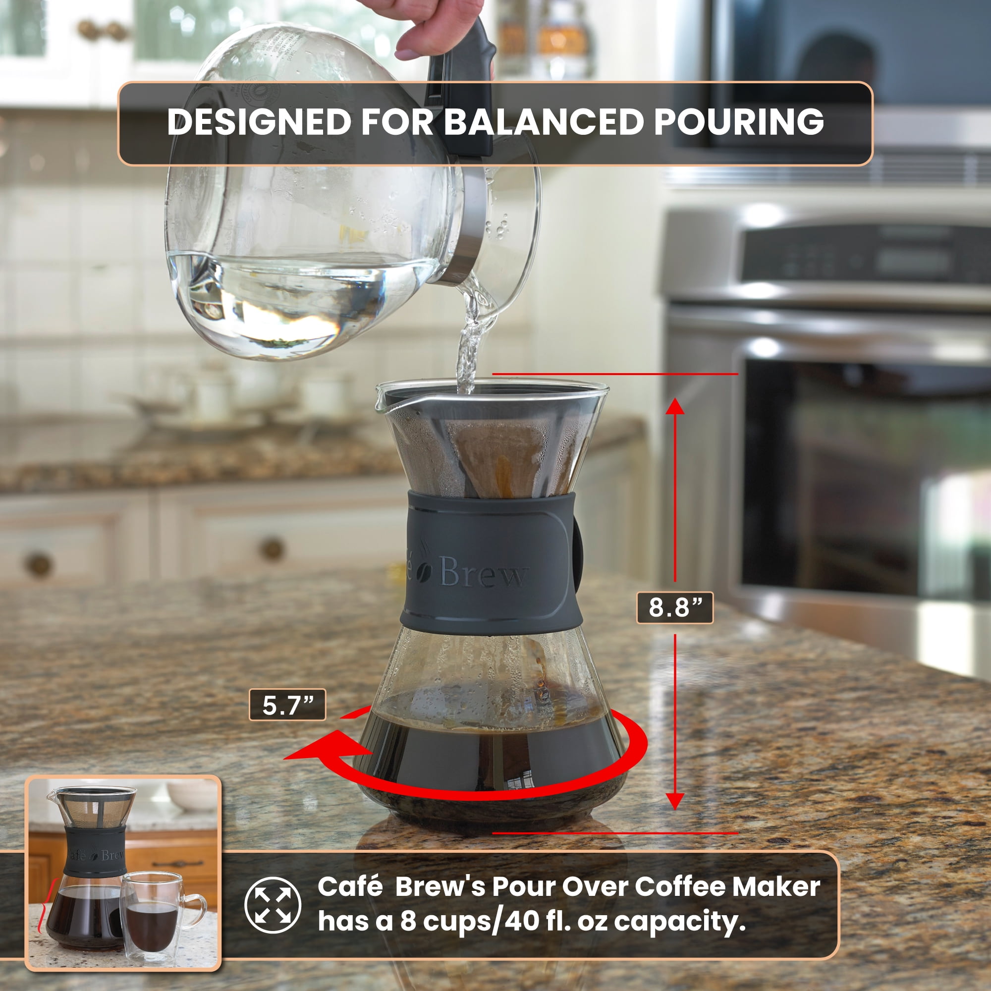 Pour Over Coffee Maker, 8 Cup/40 Ounce, Borosilicate Glass from Germany, Reusable Stainless Steel Filter, Black Silicone Grip