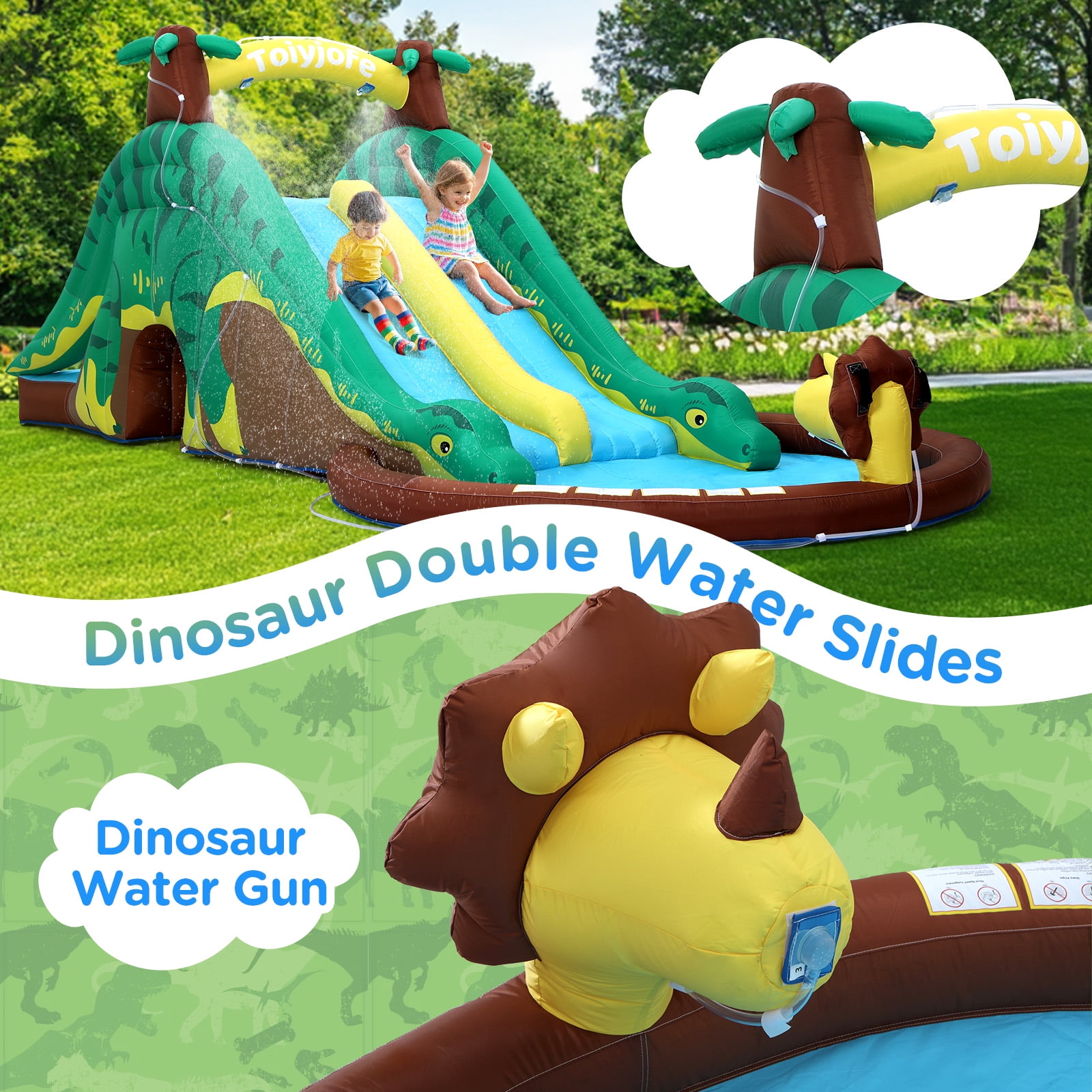 Toiyjofe Dinosaur Inflatable Water Slide for Kids, 19FT Long, Dual Slides with Splash Pool, Climbing Wall & GFCI Blower, Outdoor Backyard Water Park