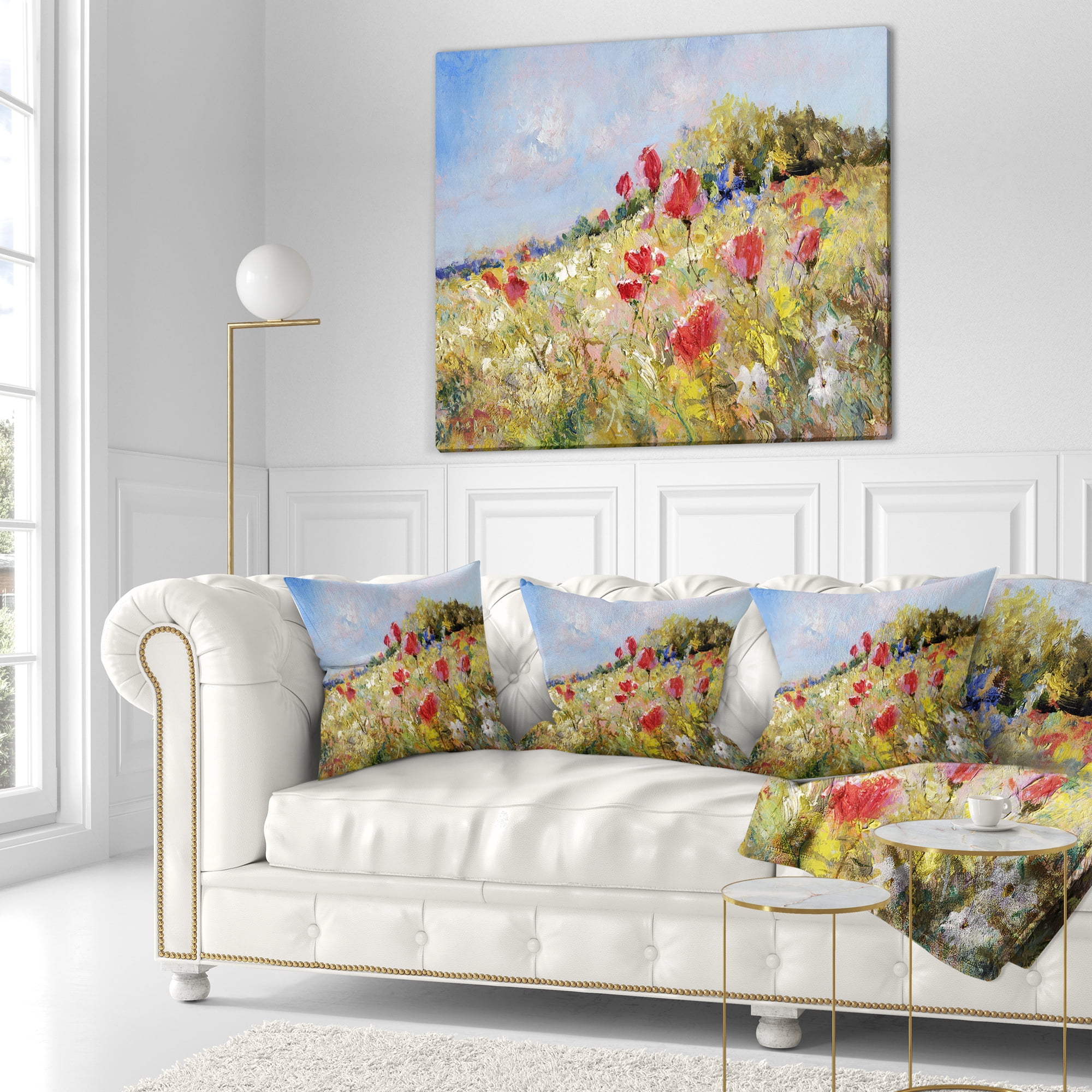 Designart Painted Poppies on Summer Meadow - Landscape Printed Throw Pillow - 16x16