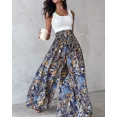 thumbnail image 4 of CHICME Pants Boho Floral Shirred High Waisted Wide Leg Pants Flowy Trousers Summer Beach Vacation Wear Blue-S, 4 of 9