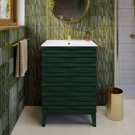 Cascade 24" Freestanding Bathroom Vanity in Green Oak with Sink Top