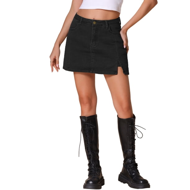 Faldas de mezclilla mini de línea A de cintura alta con abertura lateral para mujeres INSPIRE CHIC L negras