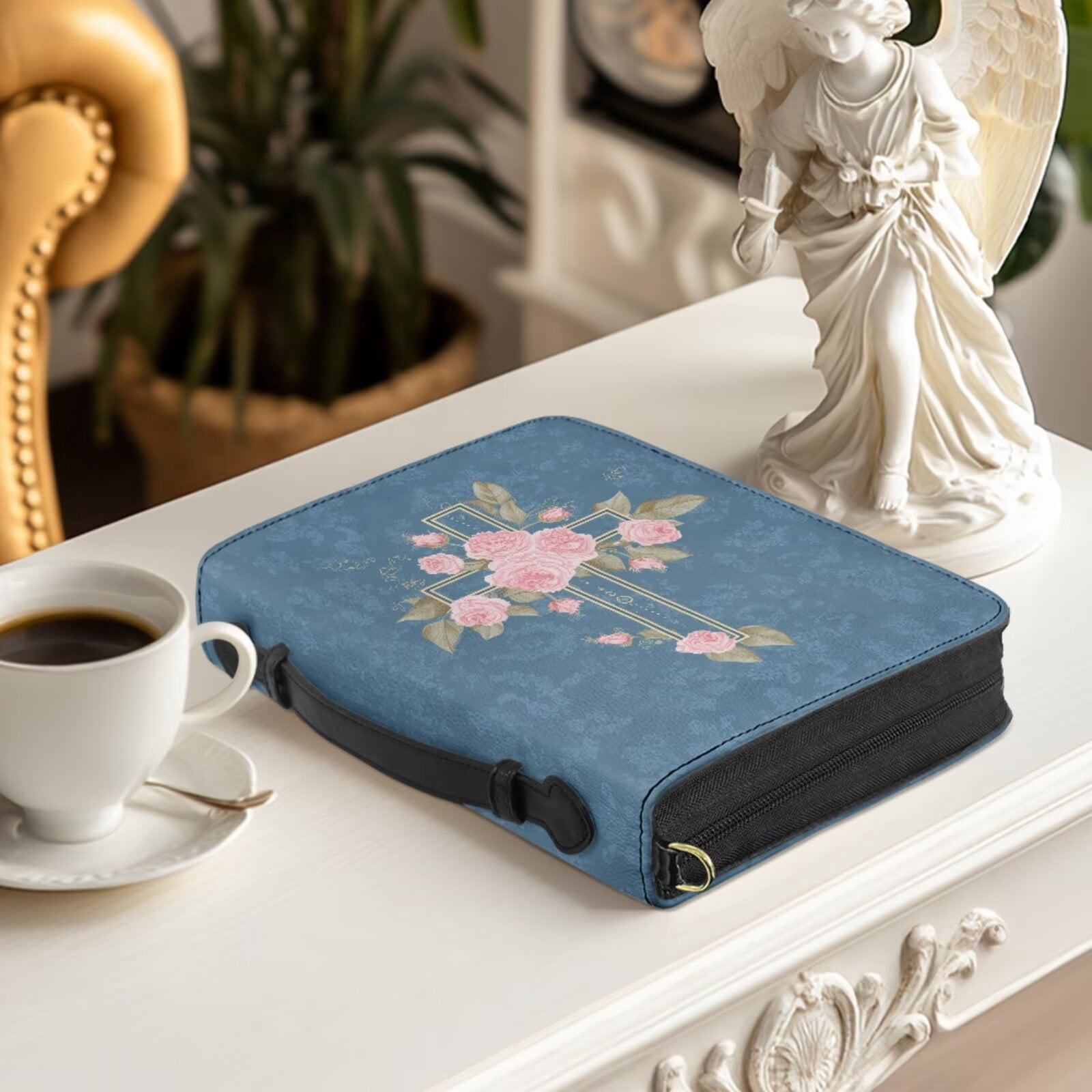 Kuiaobaty Rose Cross Print Bible Bag for Women Men PU Leather Bible Cover Case with Bookmark Lightweight Church Bag Bible Study Supplies with Shoulder Strap for Christian, Blue