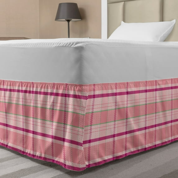 Pink Bed Skirt, Tartan Plaid Pattern with Squares in Magenta Pistachio Green Colors, Elastic Bedskirt Dust Ruffle Wrap Around for Bedding Decor, 4 Sizes, Pale Pink and Multicolor, by Ambesonne