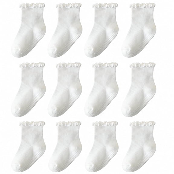 12 Pairs Toddler Girls Ruffle Socks – Non-Slip Baby Grip Socks Soft Cotton Socks, Cute Grippy Frilly Socks for 1-3 Years