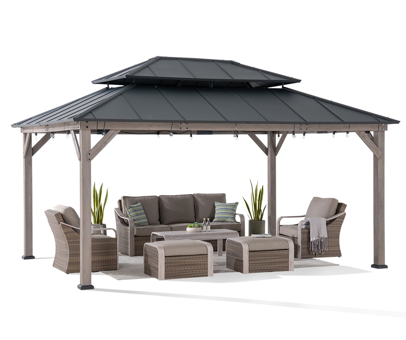 Sunjoy 12x16 ft. Wood Gazebo, Outdoor Patio Steel Hardtop Gazebo, Cedar Framed Wooden Gazebo with 2-tier Metal Roof, Suitable for Patios, Lawn, and Backyard, Matte Black
