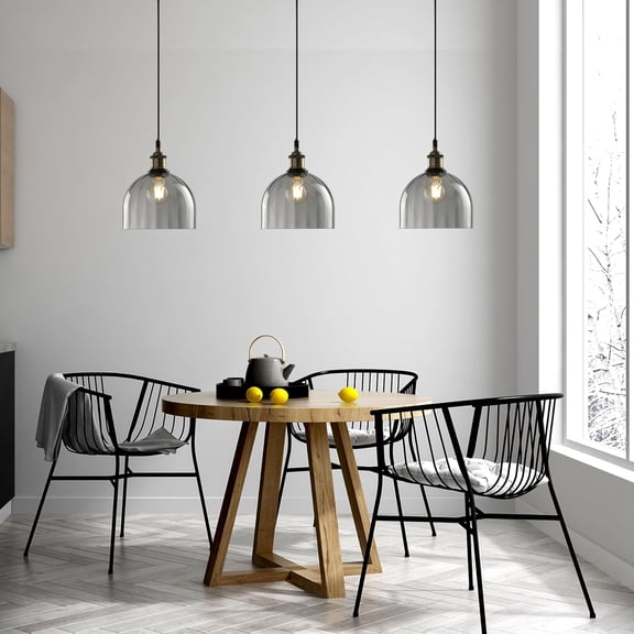 Modern Pendant Lights for Kitchen Island, Industrial Rustic Hanging Ceiling Lighting Fixtures, Glass Dome Lampshade Chandelier, 7.86" Handmade Bell Shaped Lamp Shade, Smoke Grey
