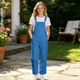 thumbnail image 2 of Tisuna Kids Boys And Girls Overalls Pants Solid Color Sleeveless Suspender Trousers With Pocket Casual Breathable Child Straight Leg Pants Blue Size 9-10 Years, 2 of 6