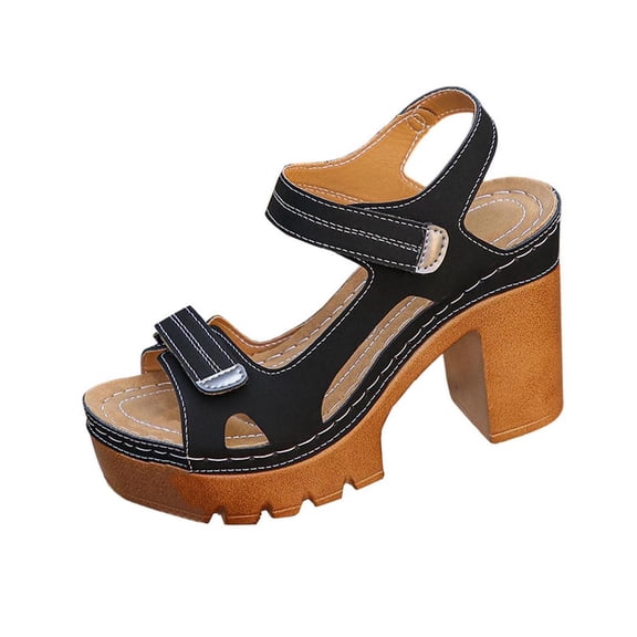 Black Womens Spring Summer Casual Wedge Peep Toe Chunky Heel Sandals For Outdoor Indoor Wear Comfortable Everyday Walking Footwear Size 36