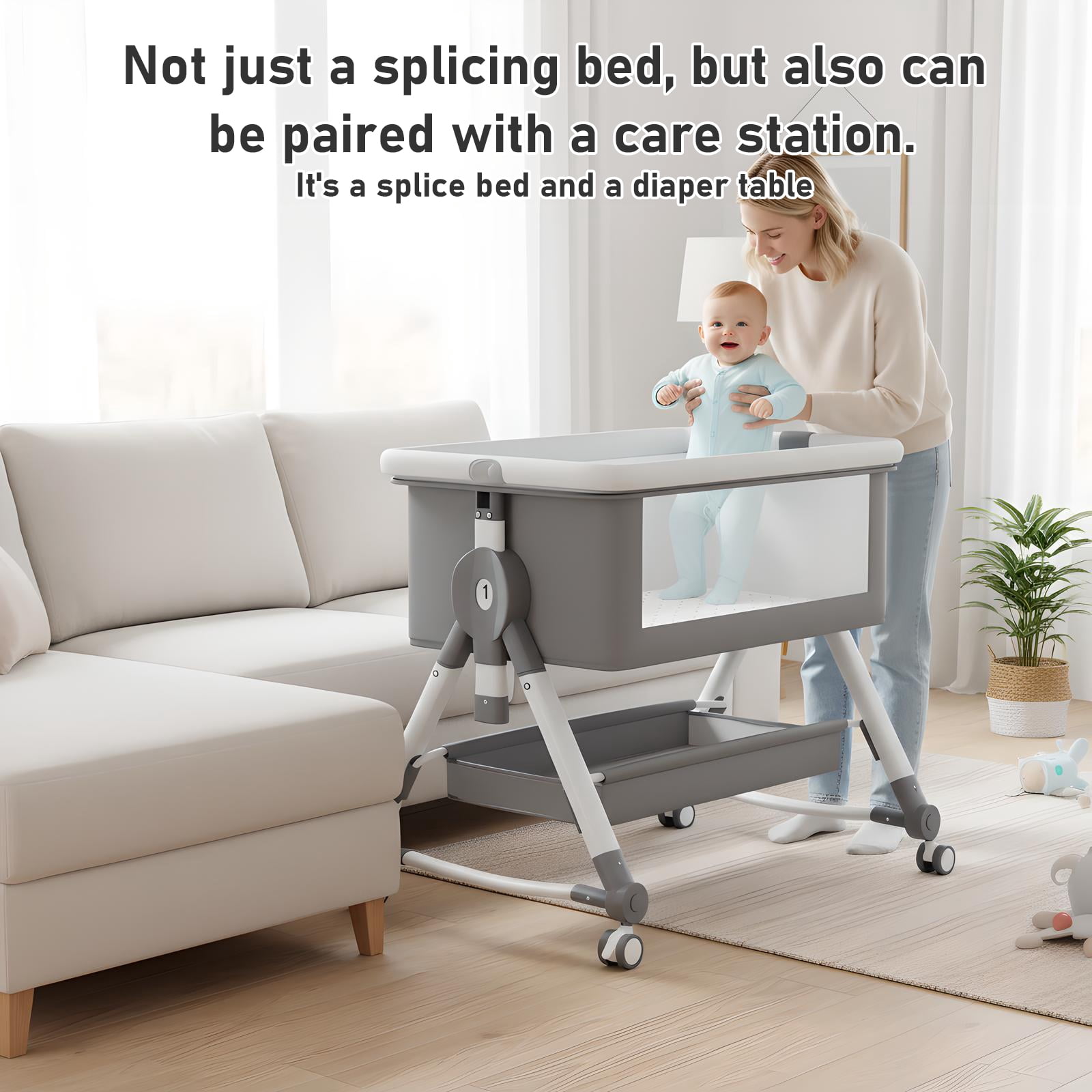 ManyFun 5 in 1 Wide Baby Bassinet Bedside with Diaper Changer with Height-Adjustable and Wheels,Gray