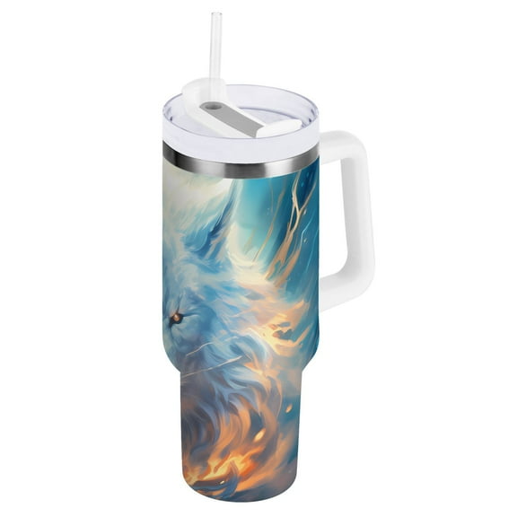 JSTEL White Wolf Howling 40 oz Tumbler Stainless Steel Water Bottle Vacuum Insulated Cup with Straw Lid & Handle For Travel Car Cup Holder