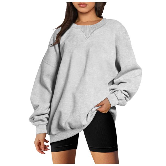 Sweatshirt Women Fall Relaxed Fit Crewneck Long-sleeved Bell Drop Shoulder with Pocket Plain Leisure Cotton Pullovers(Light Gray,XXL)