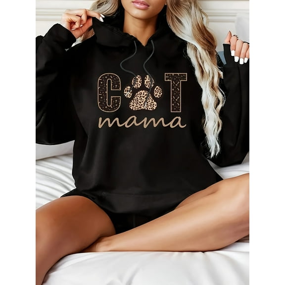 Women's Plus Size Cat Mama Graphic Hoodie - Soft Stretch Polyester Pullover with Paw Print Design, Cozy Long Sleeve Hooded Sweatshirt for Fall Winter, Machine Washable Casual Clothing, Cat Hoodie