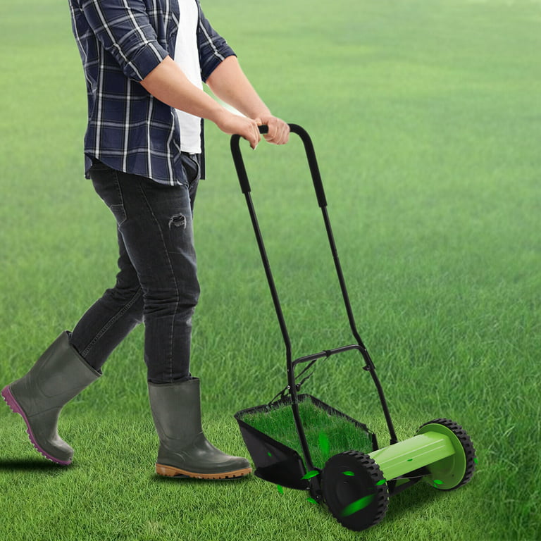 Monipa 12 inch Manual Lawn Mower Garden Hand Push Walk Grass Catcher 2 Wheels w/5 Blades, Size: 48*38*22.5cm/18.9*14.96*8.56inch, Black