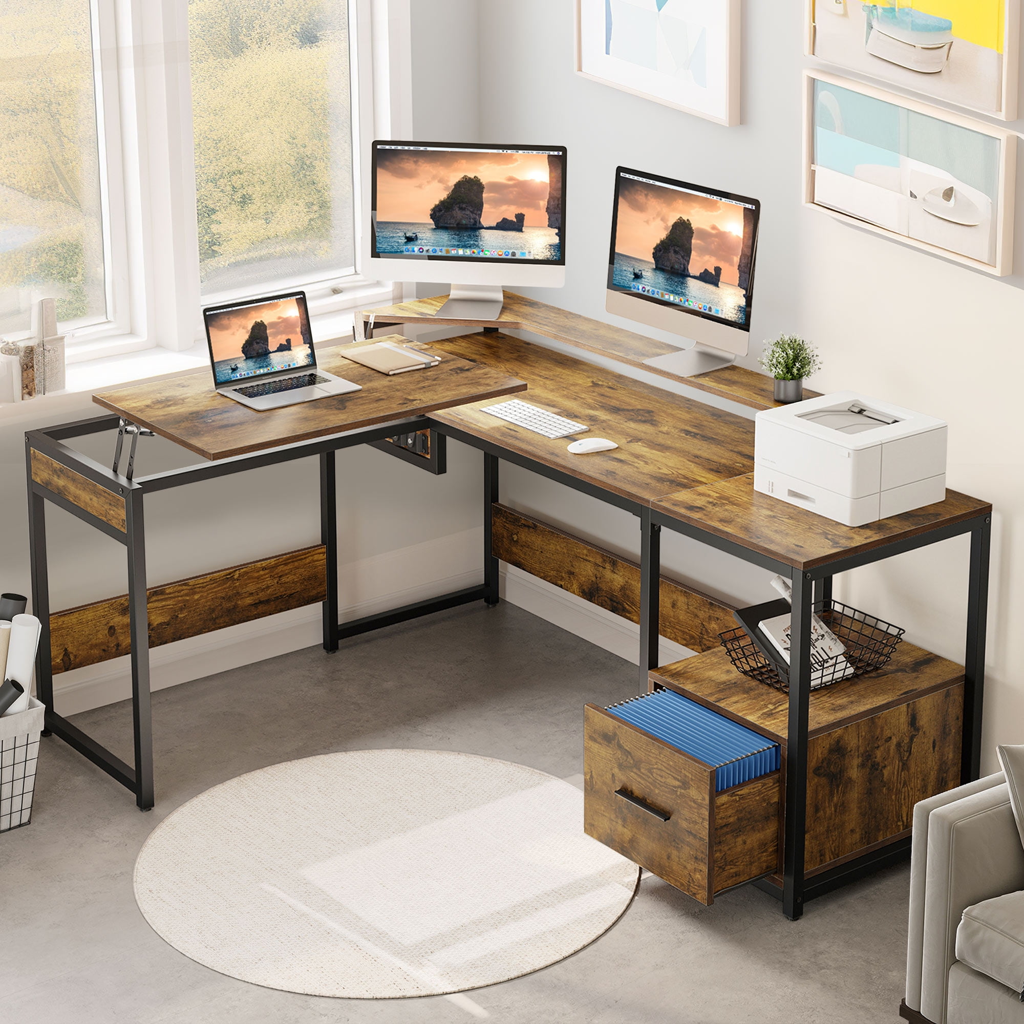 Uforic 65" L Shaped Desk with Lift Top & Monitor Stand, Computer Desk with File Drawer, Corner Desk Office Desk Executive Desk with Storage Shelves for Home Office, Brown