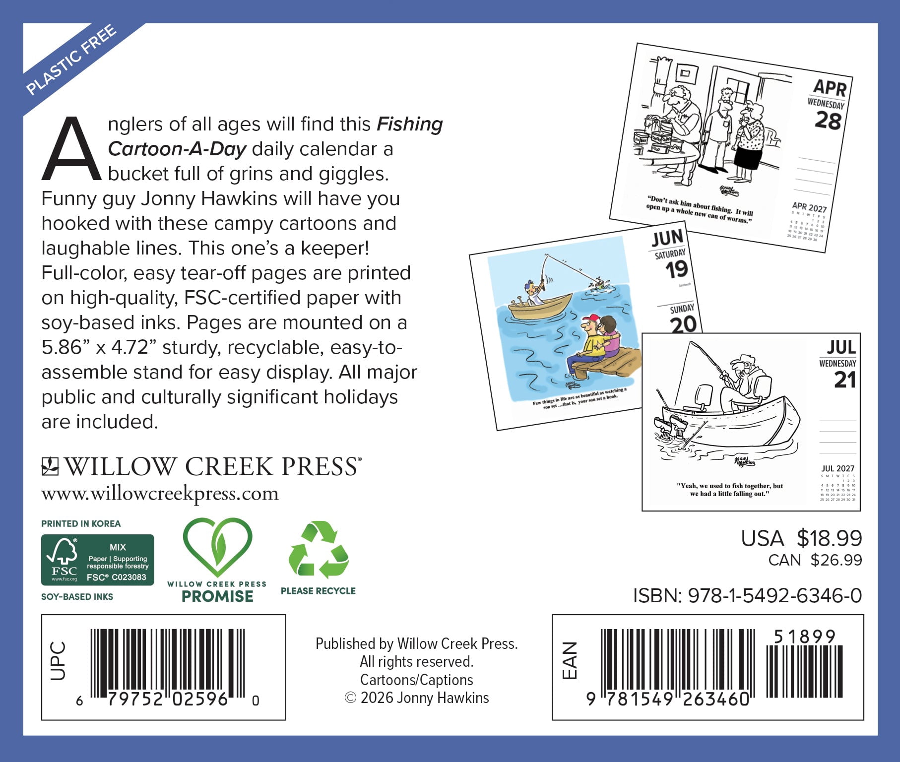 Willow Creek Press, Fishing Cartoon-A-Day by Jonny Hawkins 2027 Box Calendar