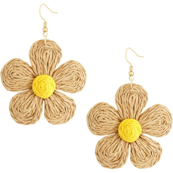 Boho Rattan Flower Floral Dangle Drop Earrings, Handmade Bohemian Hippie Statement Jewelry Gift for Women