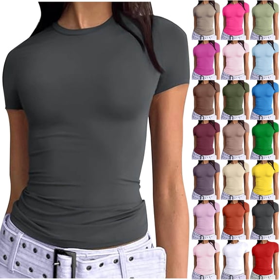 Otntypg Womens Basic Athletic T Shirts Cute Summer Outfits 2025 Scoop Neck Short Sleeve Solid Color Crop Tops Slim Fit Tees Y2k Clothing Beige M