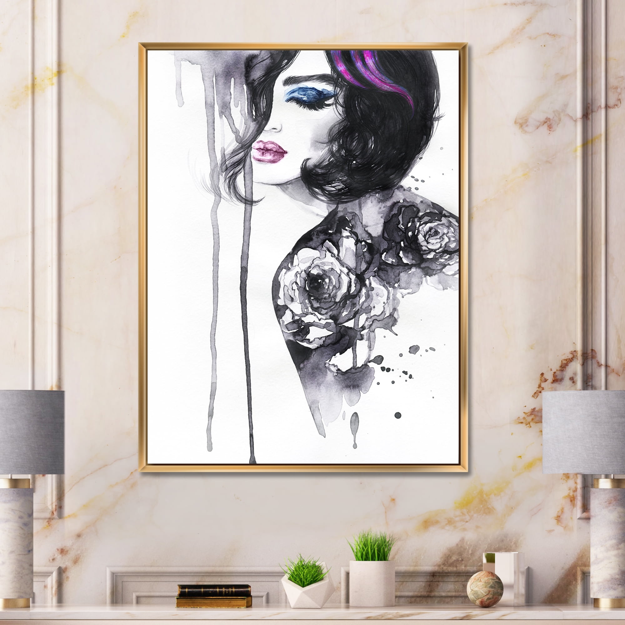 Designart 'Monochrome Female Portrait With Colorful Makeup' Modern Framed Canvas Wall Art Print