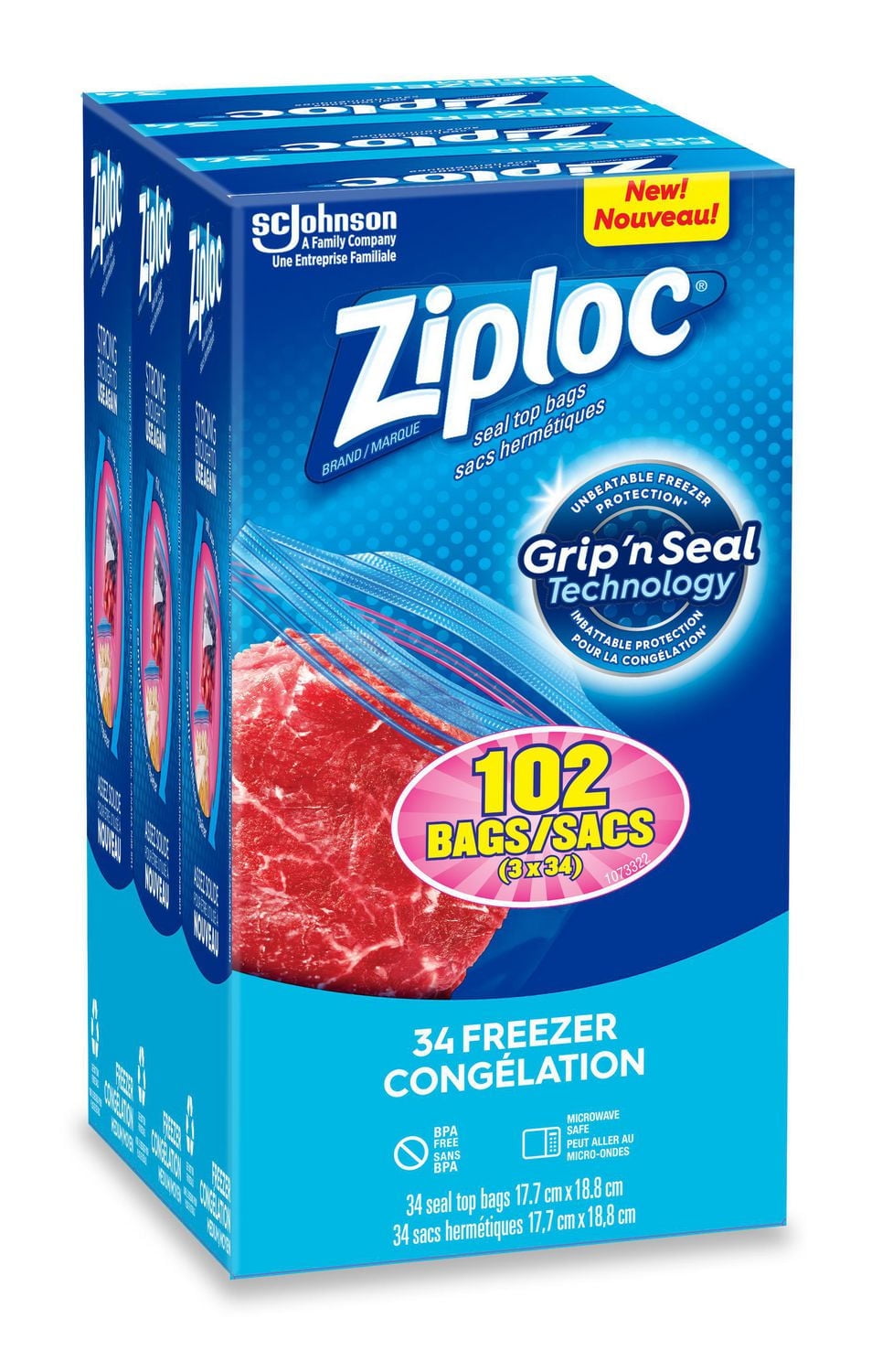Ziploc Freezer Bags Medium 3 Pack, 3 x 34 Bags