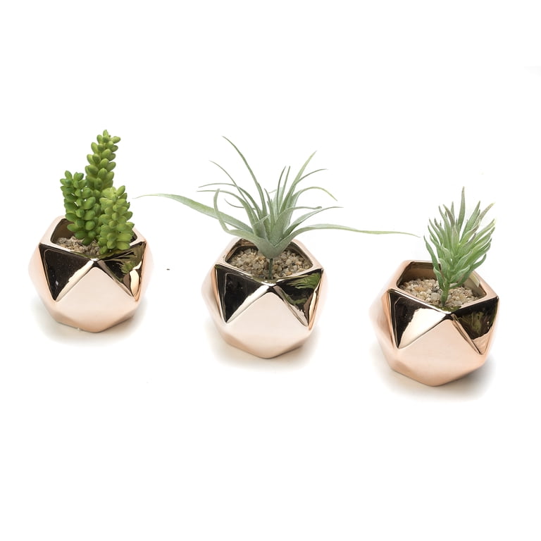 K-Cliffs Succulent Planter Pots, Diamond Shape Copper Color Ceramic Succulent Pots, Set of 3: Each pot-3.75Dia*2.8H