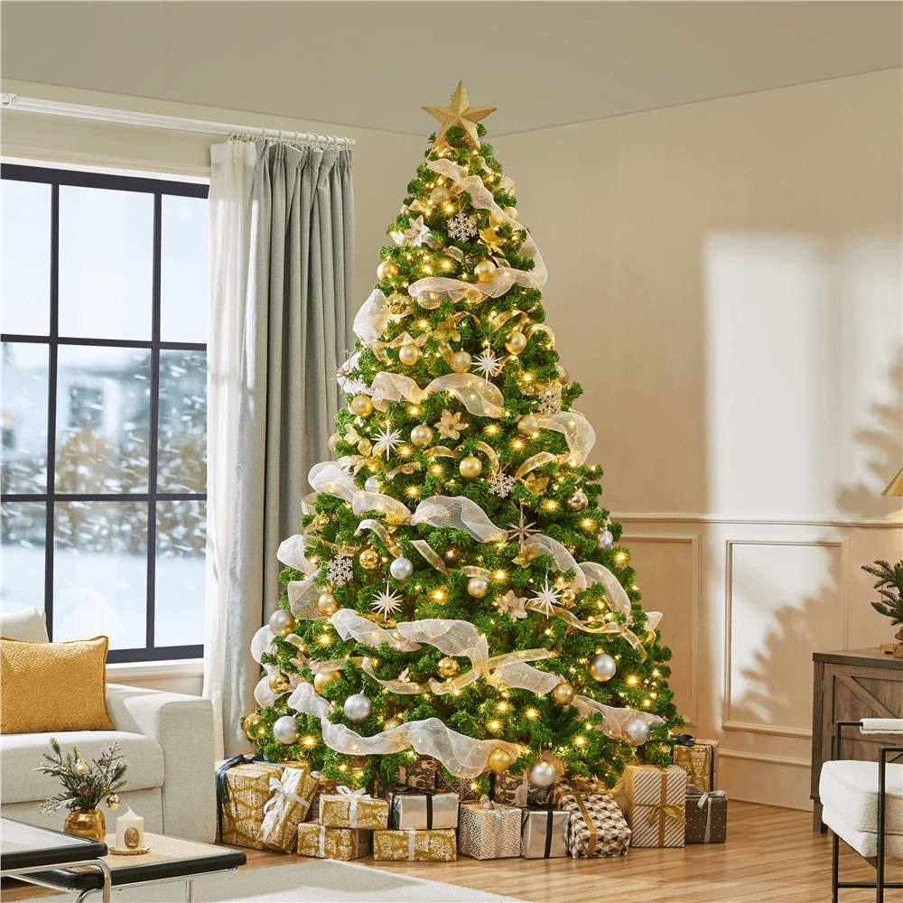 Renwick 9Ft Pre-lit Flocked Artificial Christmas Tree with Foldable Stand, Pure Green