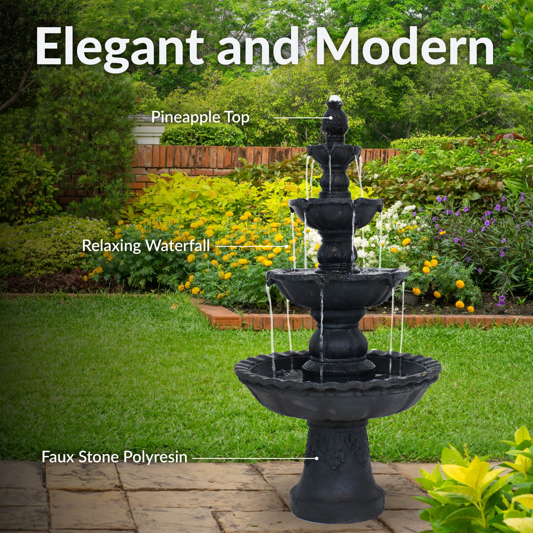 Sunnydaze Pineapple Traditional Black Resin 4-Tier Outdoor Water Fountain
