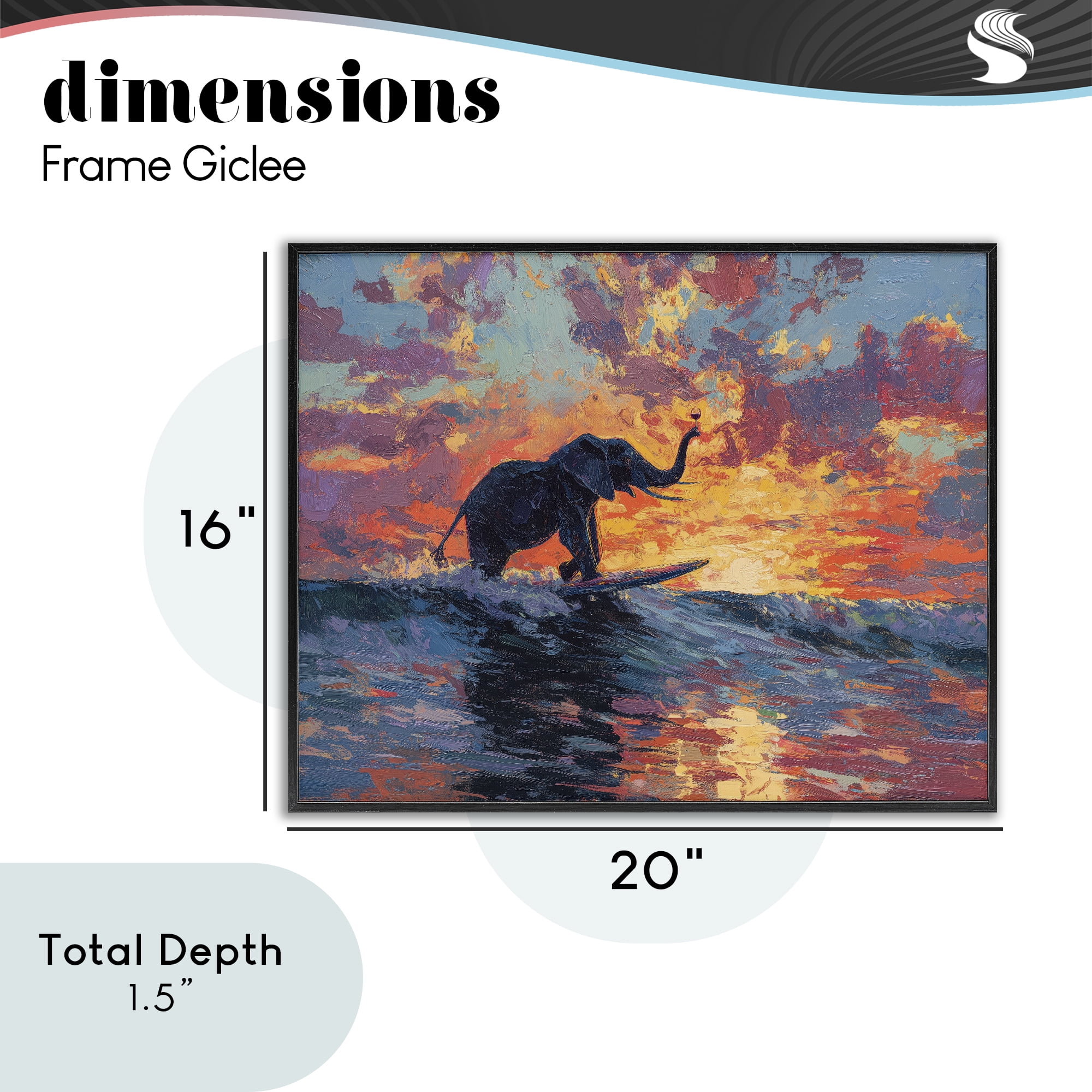 Sunset Surf Elephant Black Framed Giclee Art, design by Ziwei Li