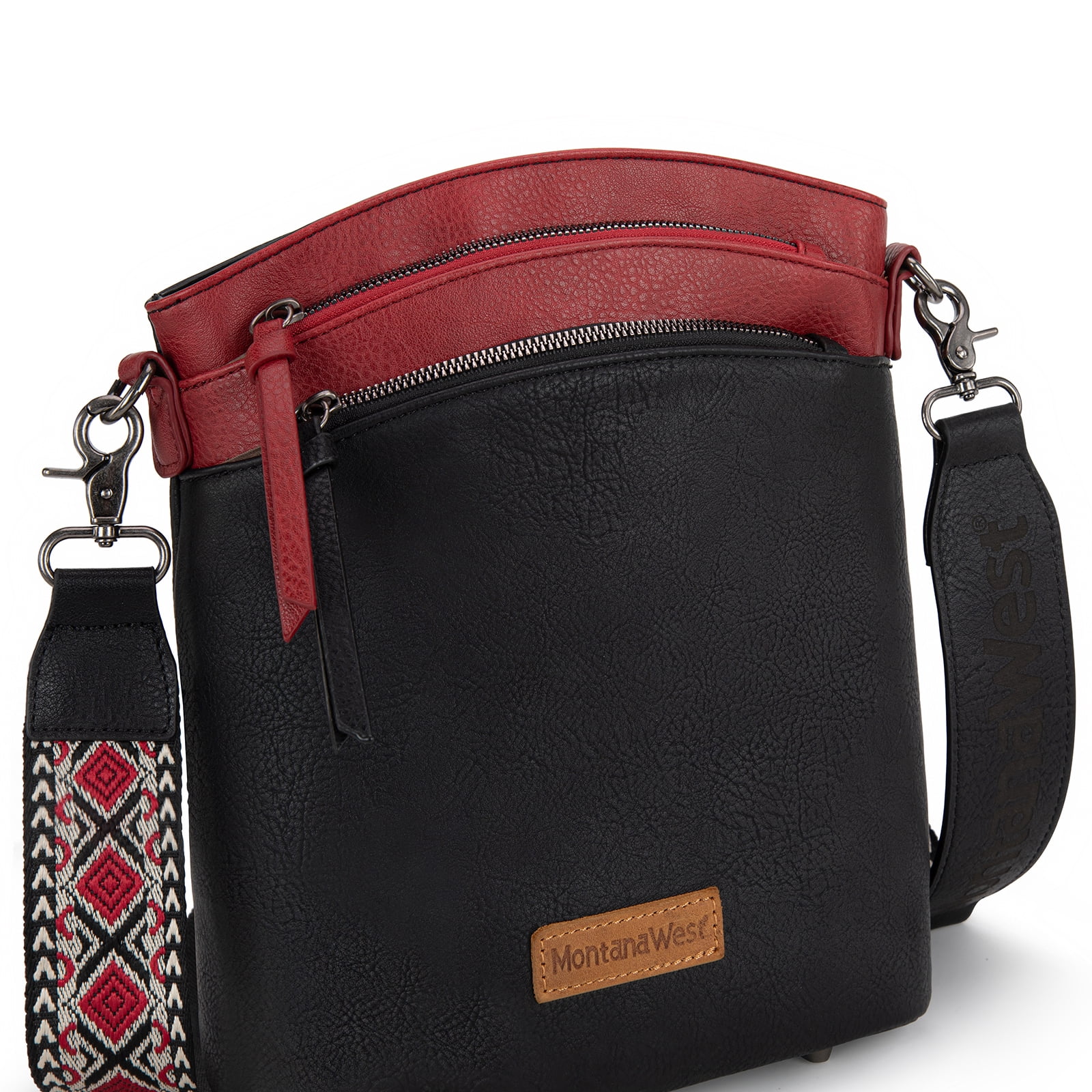 Montana West Multi Zip Pocket Large Crossbody Bag With Guitar Strap, Brown/Red