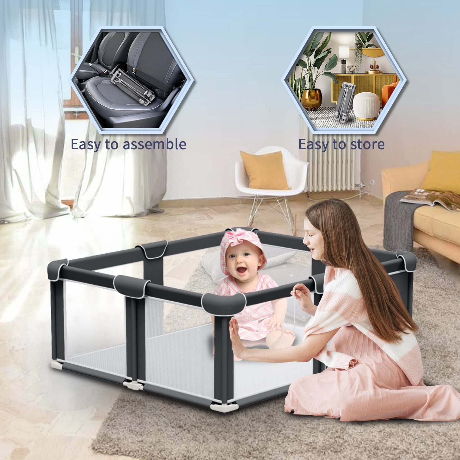 G TALECO GEAR Baby Playpen with Mat, Large Play Yard for Babies and Toddlers, Portable Baby Activity Center for Indoor & Outdoor, Black(50‘’×50‘’)