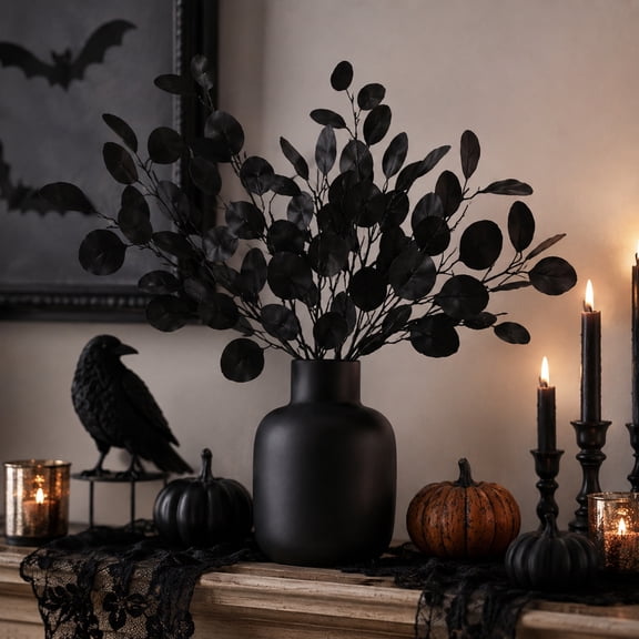 Mskk Halloween Black Artificial Eucalyptus Leaf Stem, 15.75Inch Faux Eucalyptus Branch Vase Decoration, Gothic Vase Filler Decor For Table Mantel Wreath Home Halloween Party Indoor Display