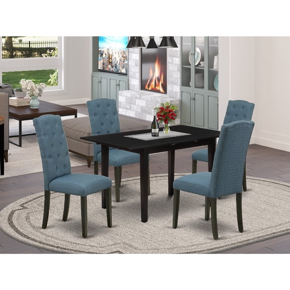 Victorian Dining Set - 5 Piece Wood Table & Chairs - Black Finish - Button Tufted Parsons Design
