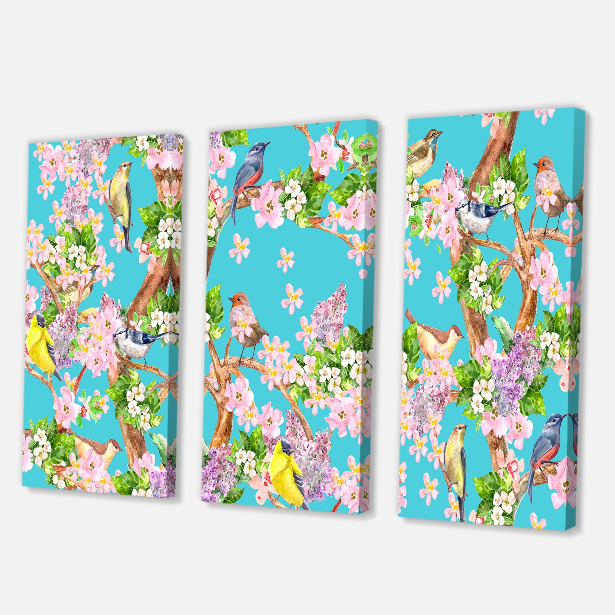 Designart ' Little Birds Sitting On Spring Flow Tree ' Traditional Canvas Wall Art Print