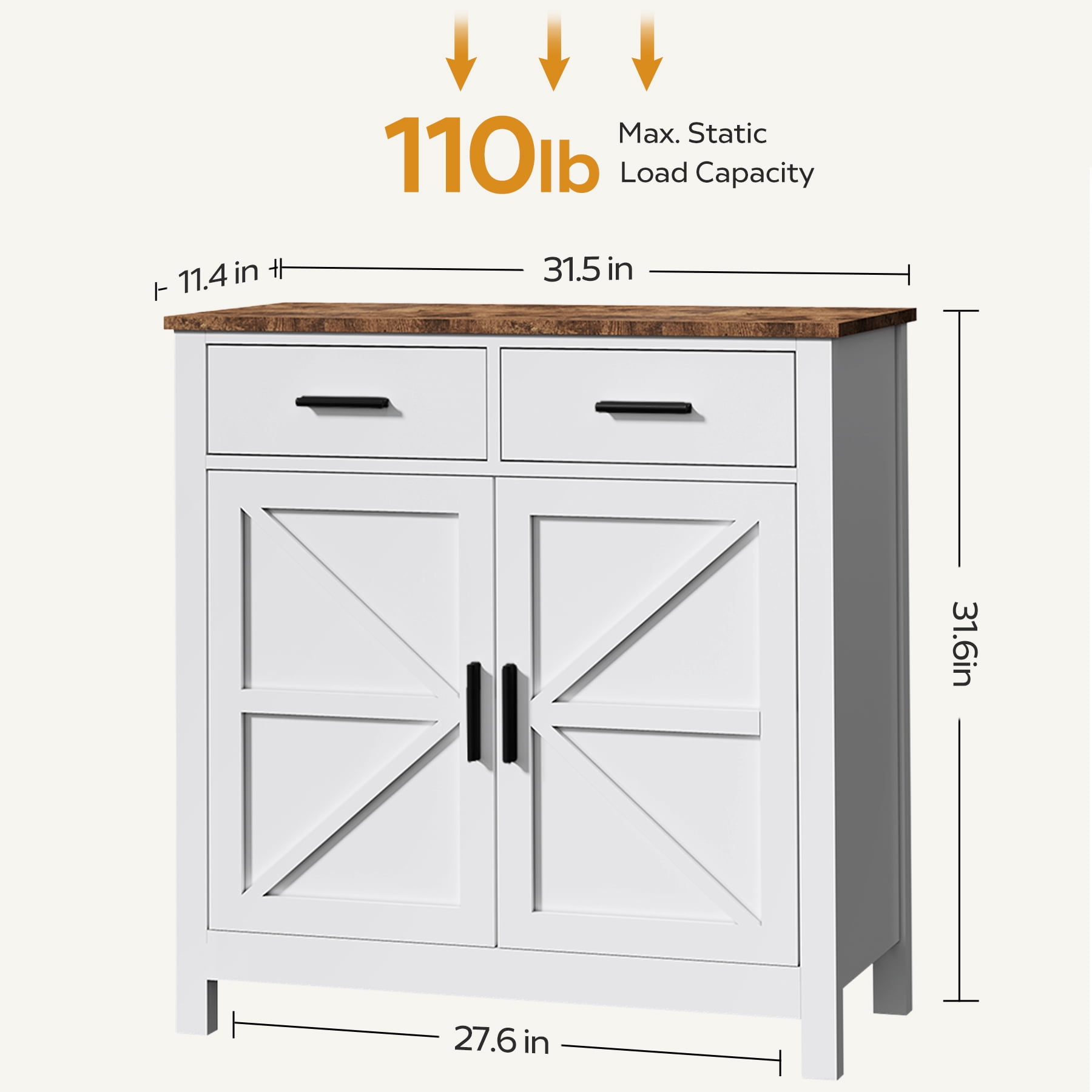 Homy Casa Farmhouse Storage Cabinet with 2 Drawers and Double Doors, Buffet Sideboard for Kitchen, White