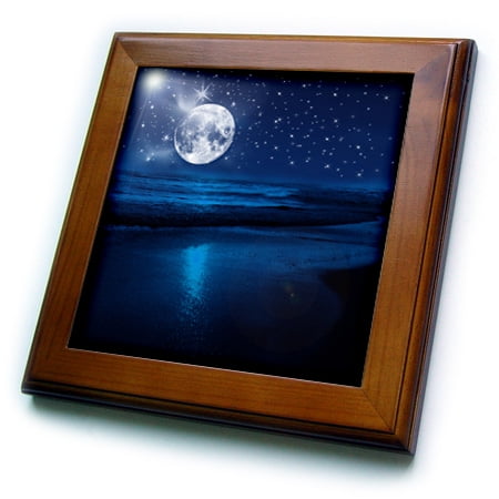 - 3dRose Full moon shining in a starry sky on the beach where the ocean meets land. - Framed Tile, 6 by 6-inch