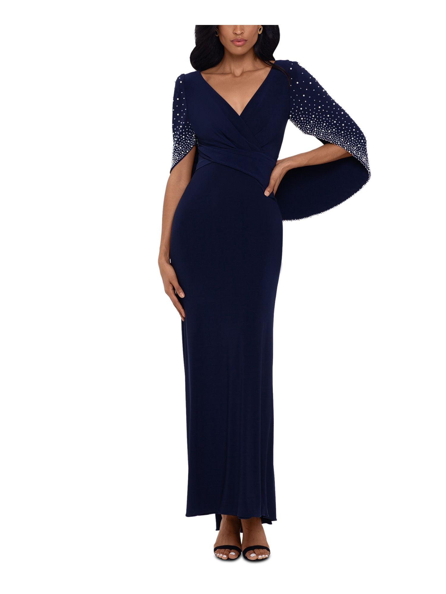 Banda By Betsy And Adam Womens Embellished Cape Evening Dress Navy 6