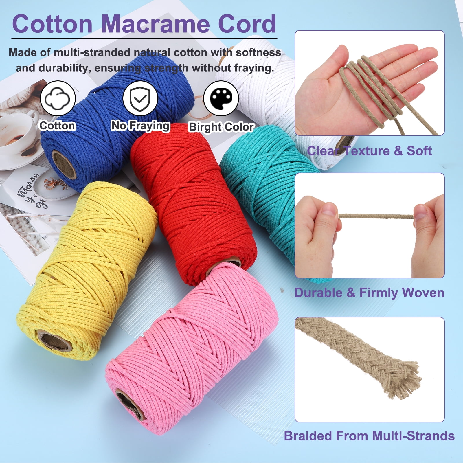 Braided Macrame Cord, 4mm x 109 Yards Natural Cotton Rope Macrame Yarn Bohemia Craft String with Scissors(Khaki)