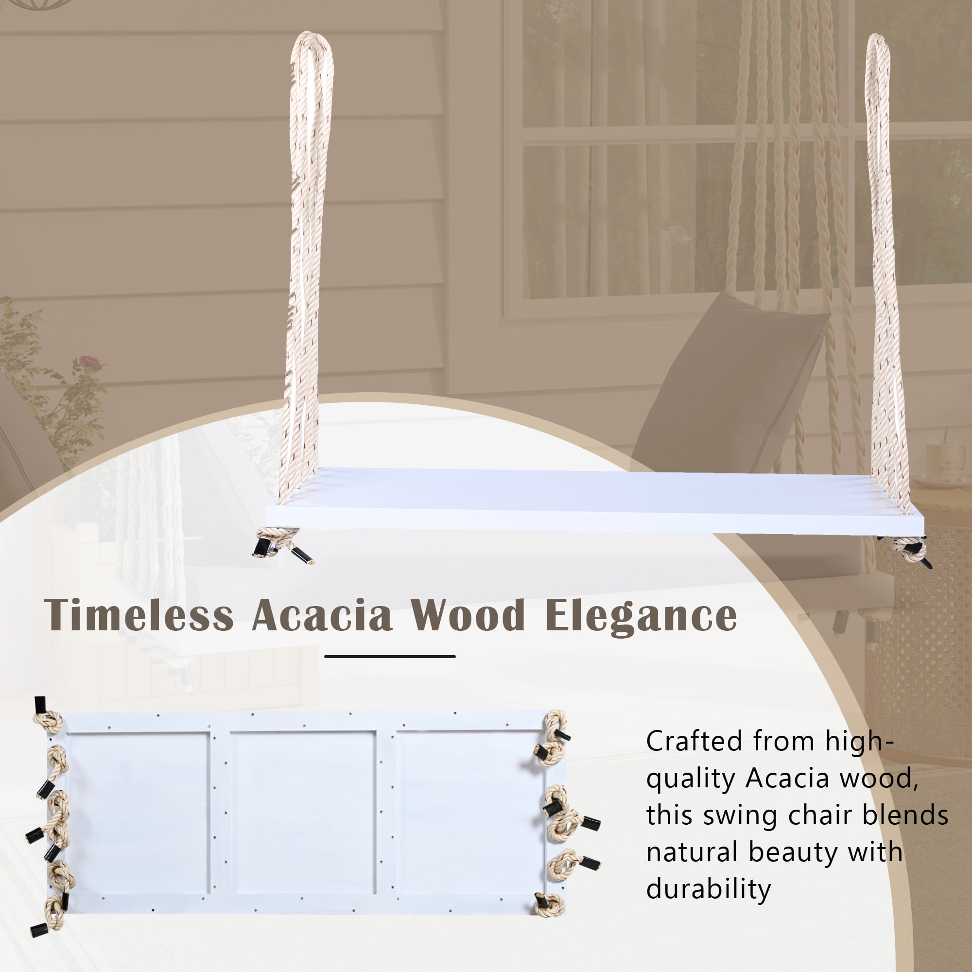 Euroco Acacia Wood Swing Chair with Hemp Rope Suspension, 400lbs Capacity, Comfortable Cushioned Seat, Easy Setup, Multiple Colors